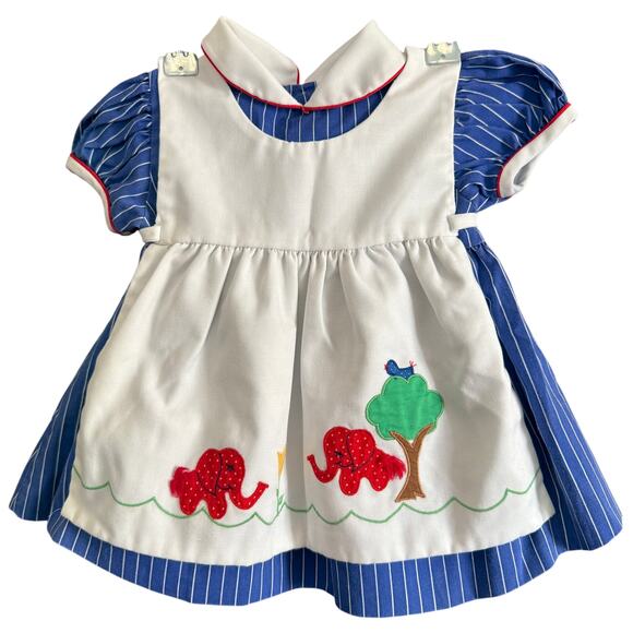 80s Vintage BABY TOGS | Blue Striped PInafore Style Dress Elephants 18 months - Picture 1 of 6